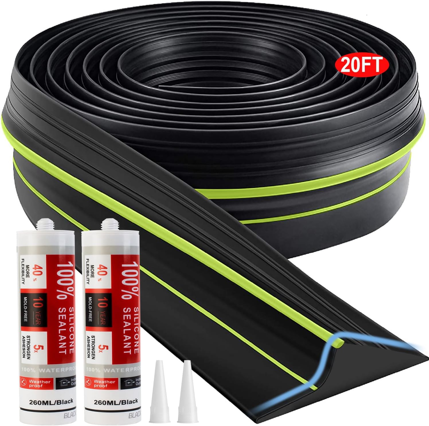 Jin&Bao Universal Garage Door Threshold Seal Strip 20FT Kit, Bottom Waterproof Rubber Weather Stripping Replacement（Green, 2 Adhesive）