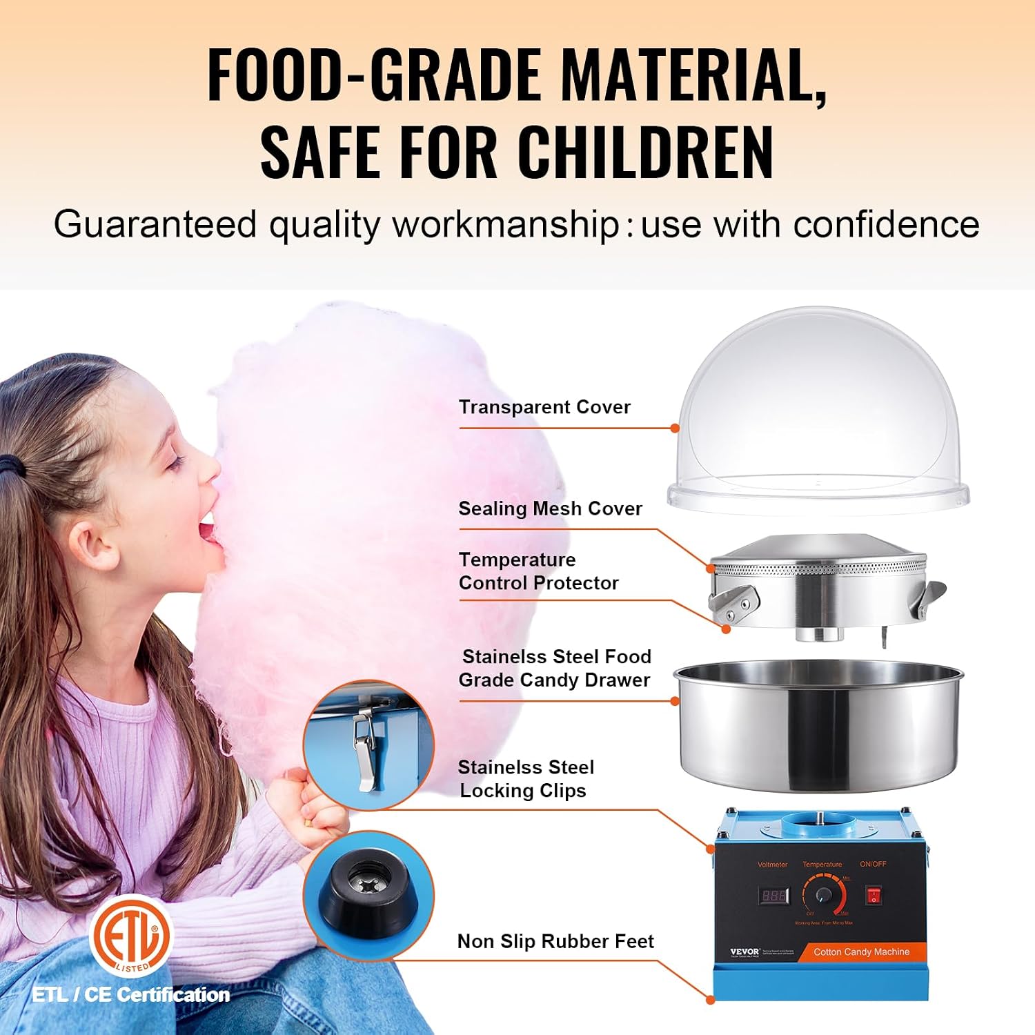 VEVOR Cotton Candy Machine Commercial, 1000W Electric Floss Maker with Cover, Stainless Steel Bowl, Sugar Scoop, Storage Drawer, Perfect for Home, Carnival, Kids Birthday, Family Party, Blue