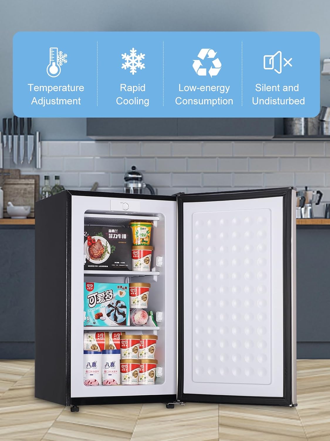 KRIB BLING 3.2 Cu.ft Upright Freezer Compact Mini Freezer with Removable Shelves for Bedroom, Office, Kitchen, Dorm,Silver