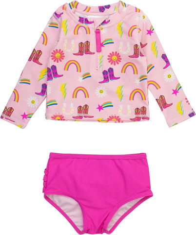 RuffleButts Girls Zipper Long Sleeve - Rash Guard 2-Piece Swimsuit UPF 50+