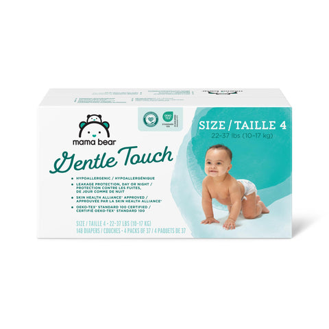 Amazon Brand - Mama Bear Gentle Touch Diapers, Hypoallergenic, Size 4, 148 Count, 4 Packs of 37, White