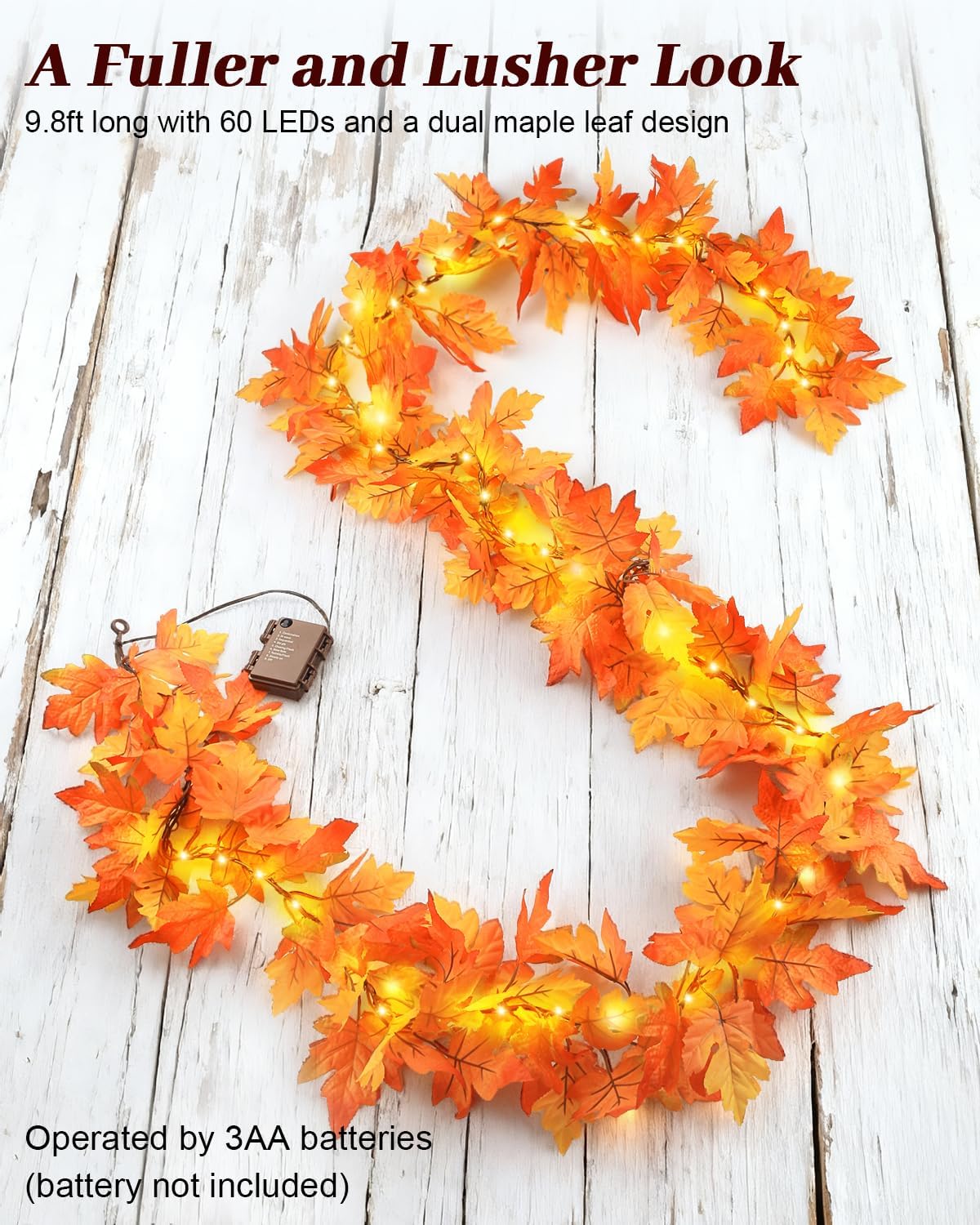 9.8FT 60LED Fall Garland with Lights, 8 Lighting Modes, Battery Powered Maple Leaves String Lights, Fall Decorations for Autumn, Thanksgiving, Halloween, Home Room, Indoor Outdoor