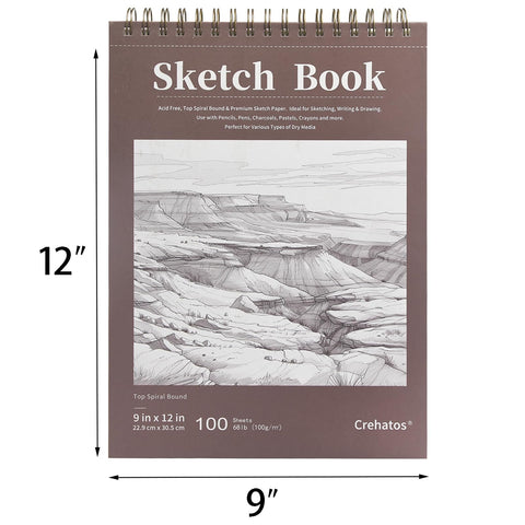 Crehatos 9" x 12" Sketch Book, Top Spiral Bound Sketch Pad, 100 Sheets Each 68lb/100gsm Drawing Paper, 2 Pack