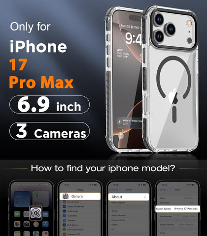DEERLAMN Strong Magnetic Case for iPhone 17 Pro Max 6.9-Inch, [Compatible with Magsafe][Military Grade Drop Protection] Clear Slim Shockproof Protective Phone Cover-Transparent+Black