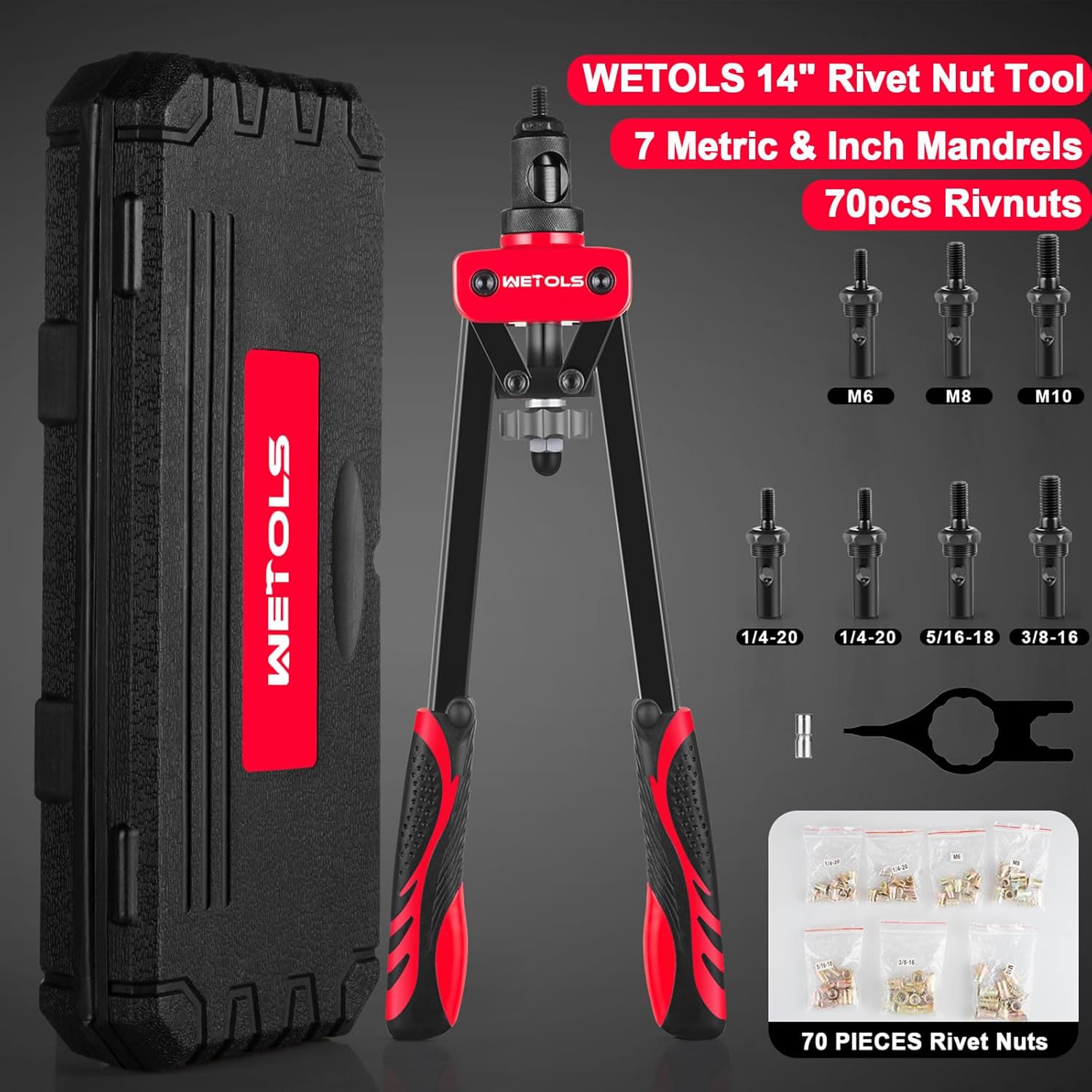 WETOLS Rivet Nut Tool Kit, 14'' Rivnut Tool with 7 Metric and SAE Mandrels
