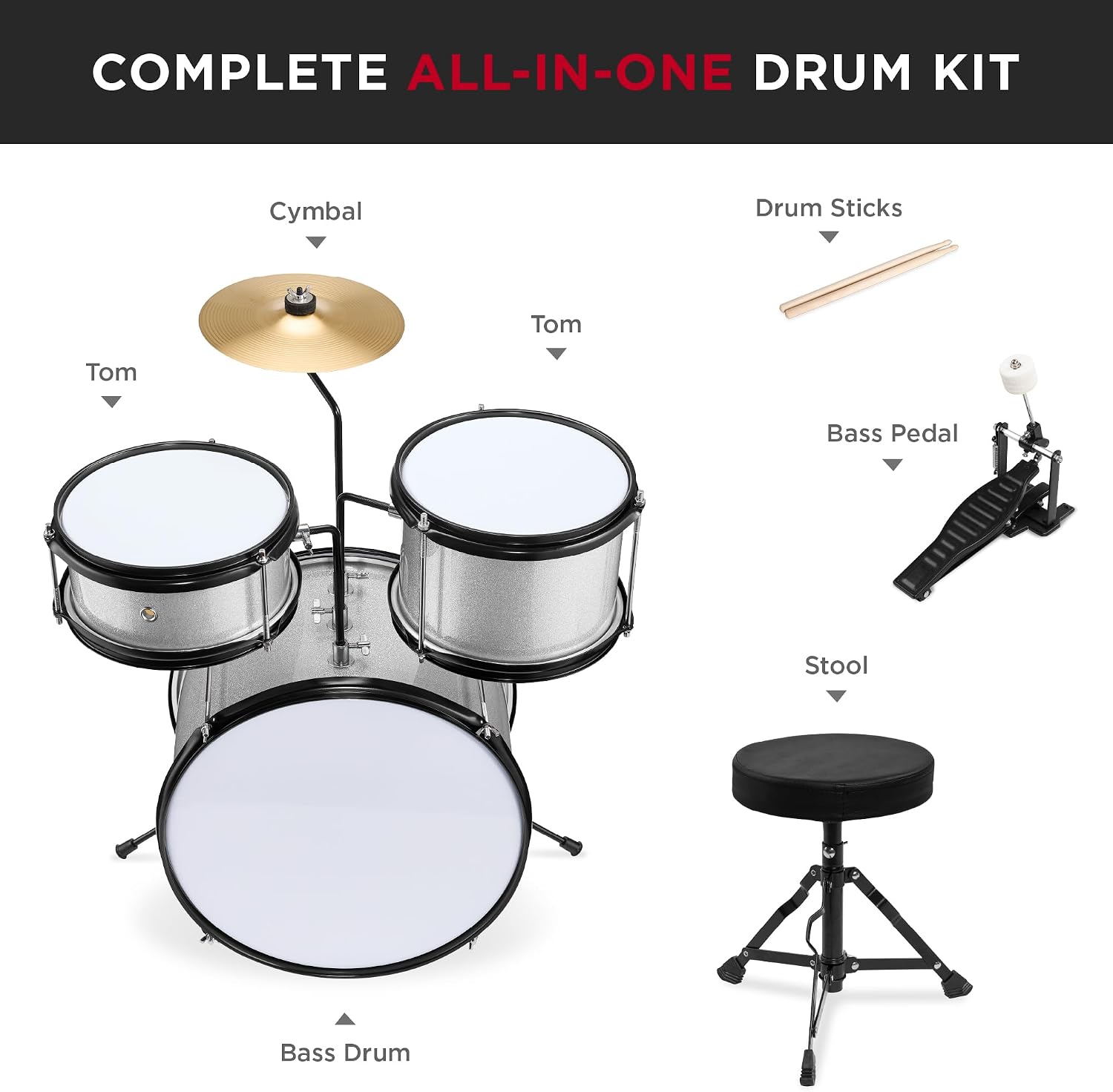 Best Choice Products 3-Piece Beginner Drum Set for Kids Juniors, w/Throne Stool, Cymbal, Drum Sticks, Bass Drum Pedal, 2 Toms - Silver Sparkle