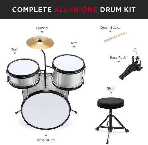 Best Choice Products 3-Piece Beginner Drum Set for Kids Juniors, w/Throne Stool, Cymbal, Drum Sticks, Bass Drum Pedal, 2 Toms - Silver Sparkle
