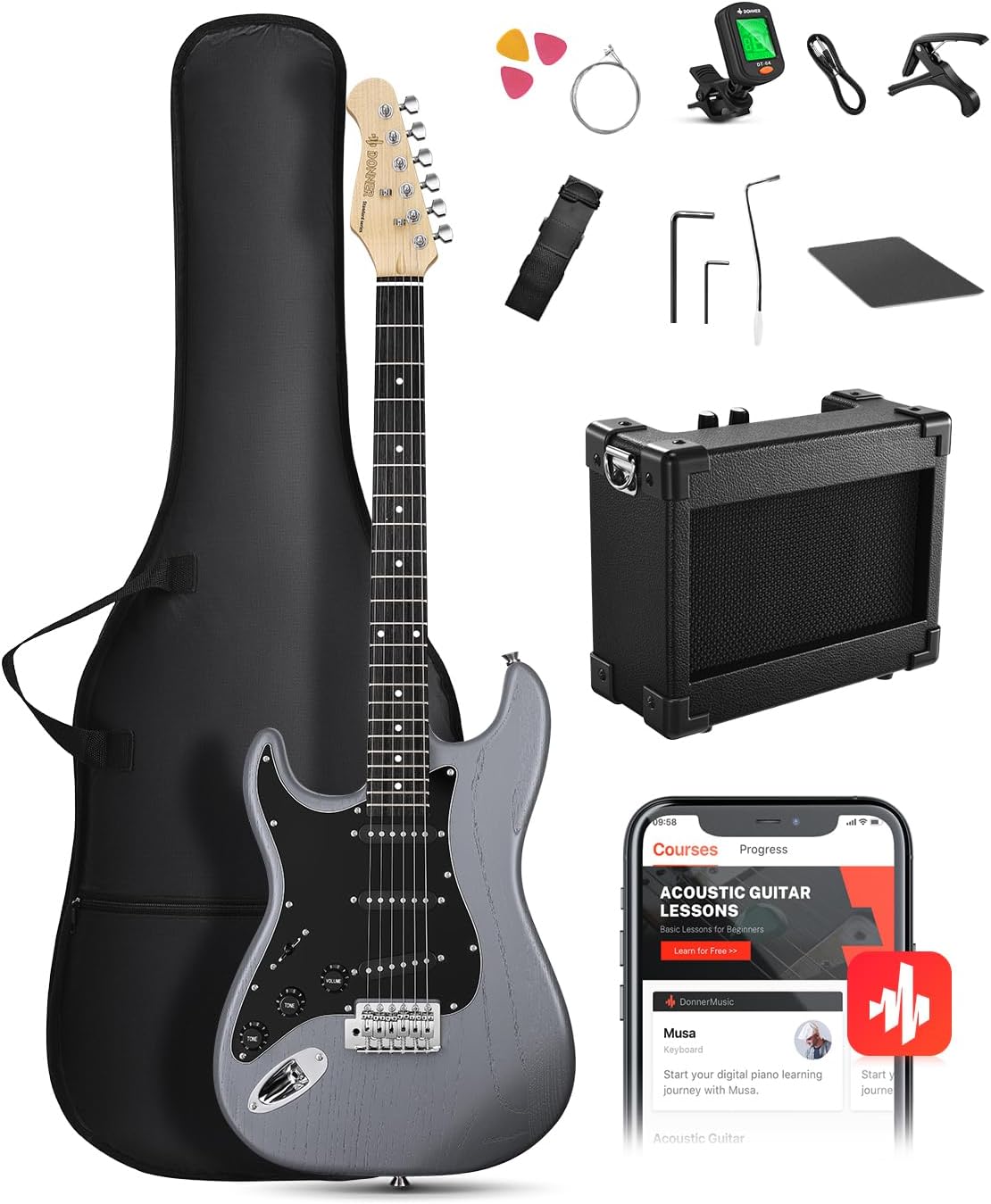 DONNER DST-80 Left-Handed Electric Guitar 39” Beginner Electric Guitar Kit with Amp, Classic SSS Pickup Complete with Gig Bag, Tuner, Capo, Strap, Picks, and Free Online Lessons, Matte Black
