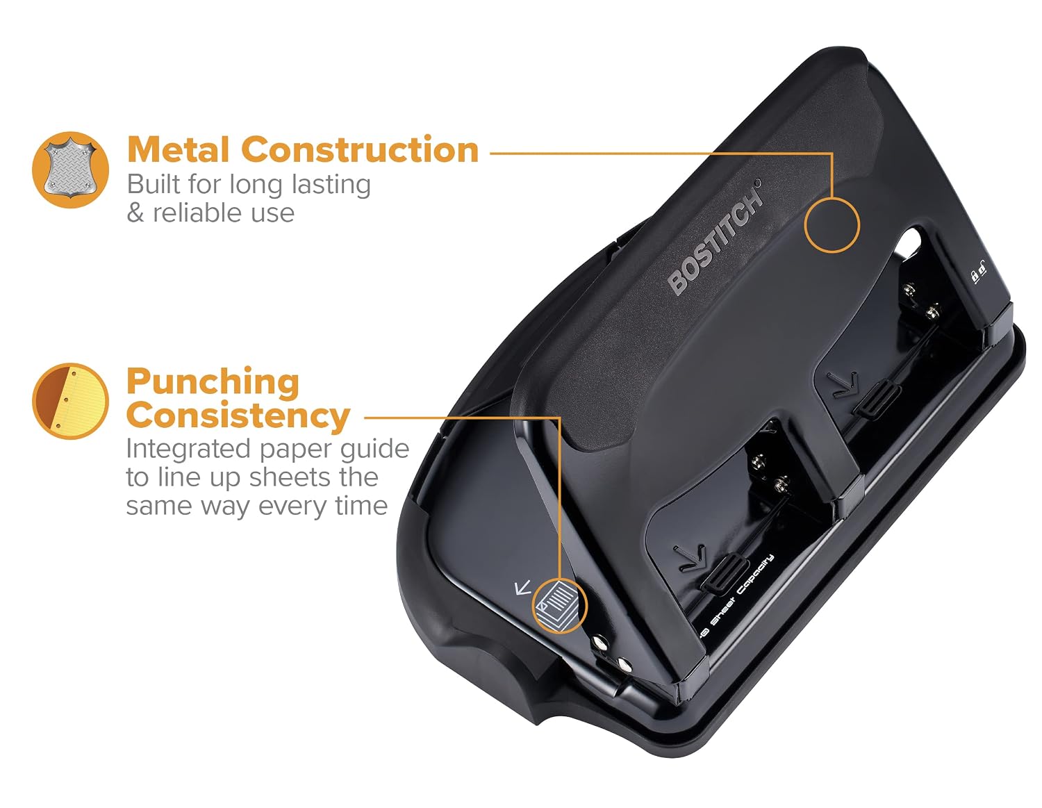 Bostitch Office EZ Squeeze Heavy Duty 3-Hole Punch for Home Office & School, 40-Sheet Capacity, One-Touch Reduced Force, Sleek Black Design