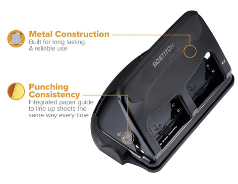 Bostitch Office EZ Squeeze Heavy Duty 3-Hole Punch for Home Office & School, 40-Sheet Capacity, One-Touch Reduced Force, Sleek Black Design