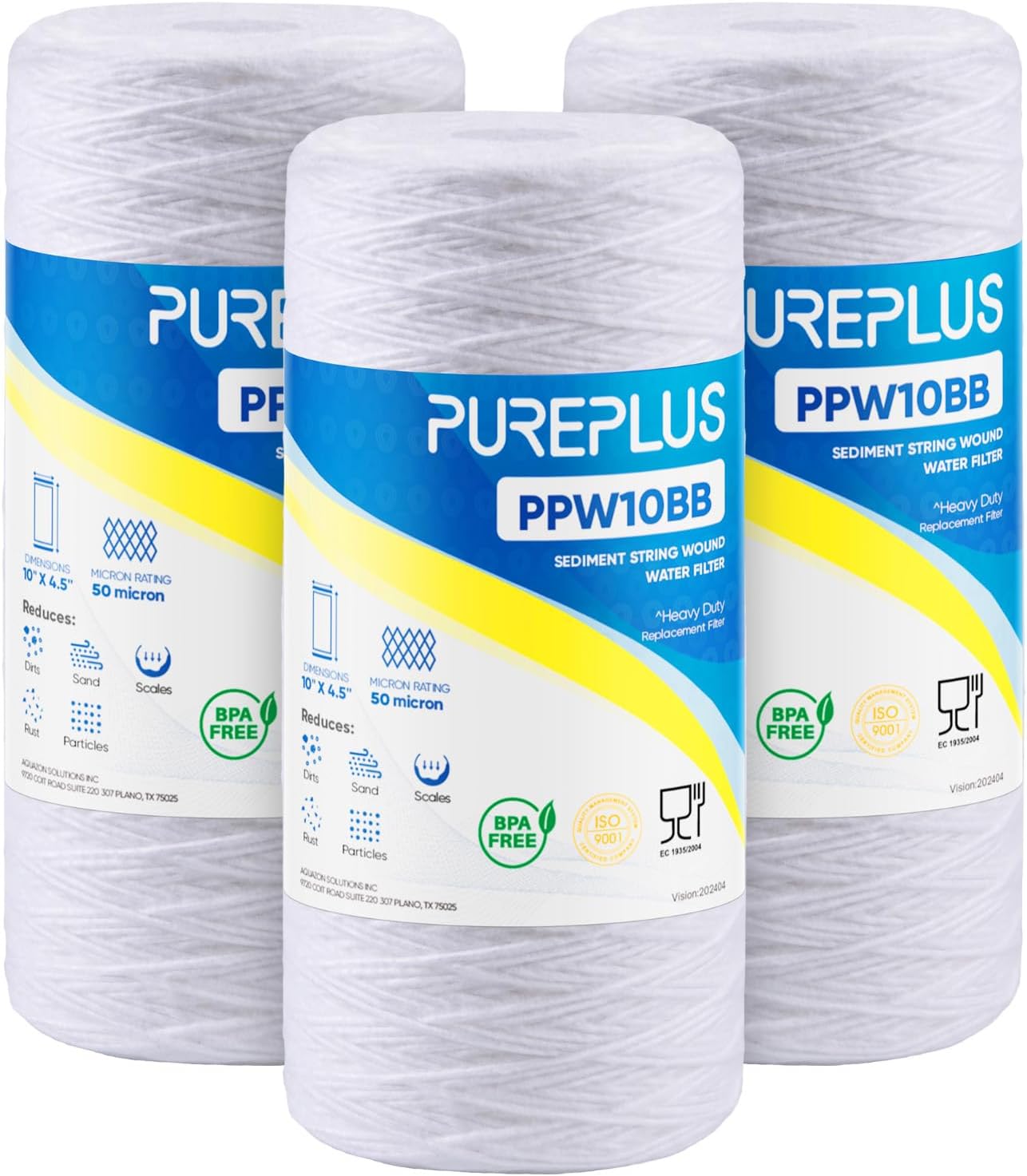 PUREPLUS 50 Micron 10 x 4.5 Whole House Water Filter for Well Water 3 Pack