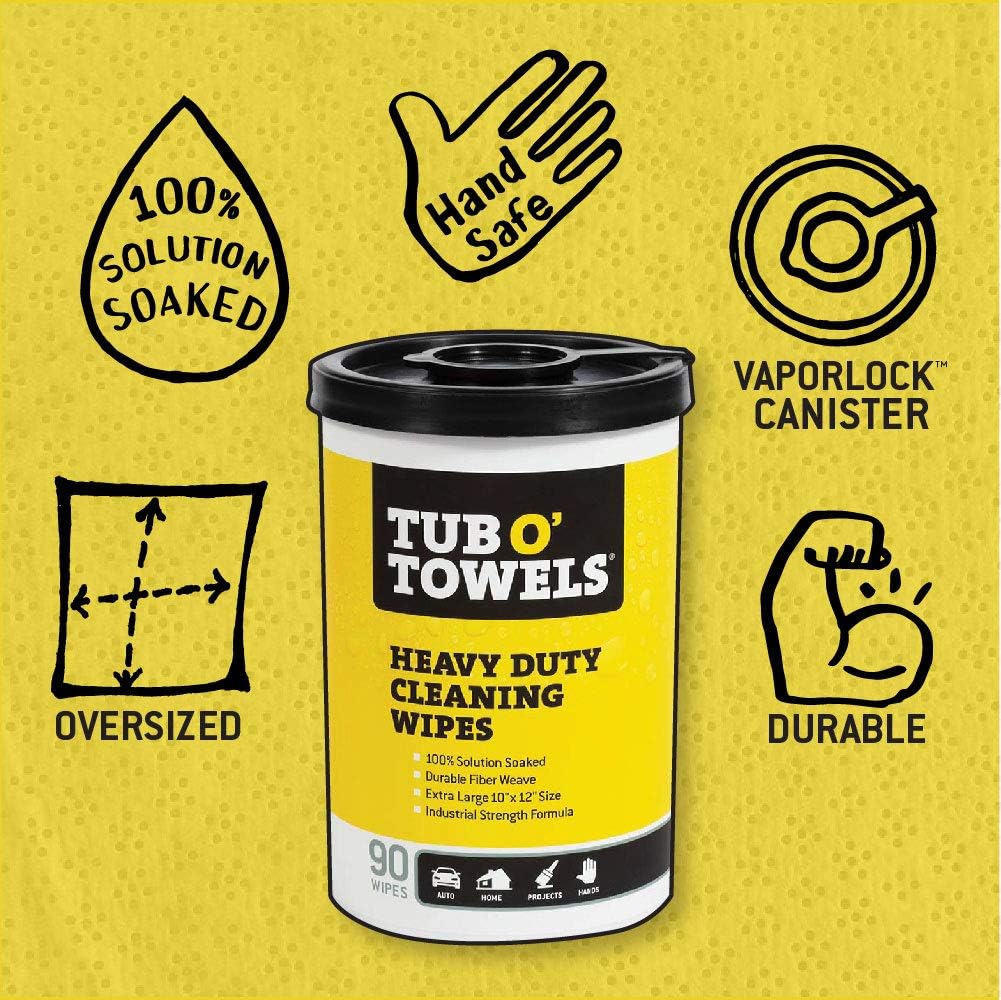 Tub O' Towels TW90 Heavy-Duty Multi-Surface Cleaning Wipes, 5-Pack – XL 10" x 12" Wipes, 90 Count Per Canister, 450 Total Wipes – For Grease, Oil, Tar, Paint, Ink & Everyday Messes