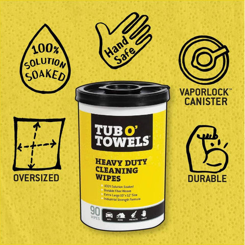Tub O' Towels TW90 Heavy-Duty Multi-Surface Cleaning Wipes, 5-Pack – XL 10" x 12" Wipes, 90 Count Per Canister, 450 Total Wipes – For Grease, Oil, Tar, Paint, Ink & Everyday Messes