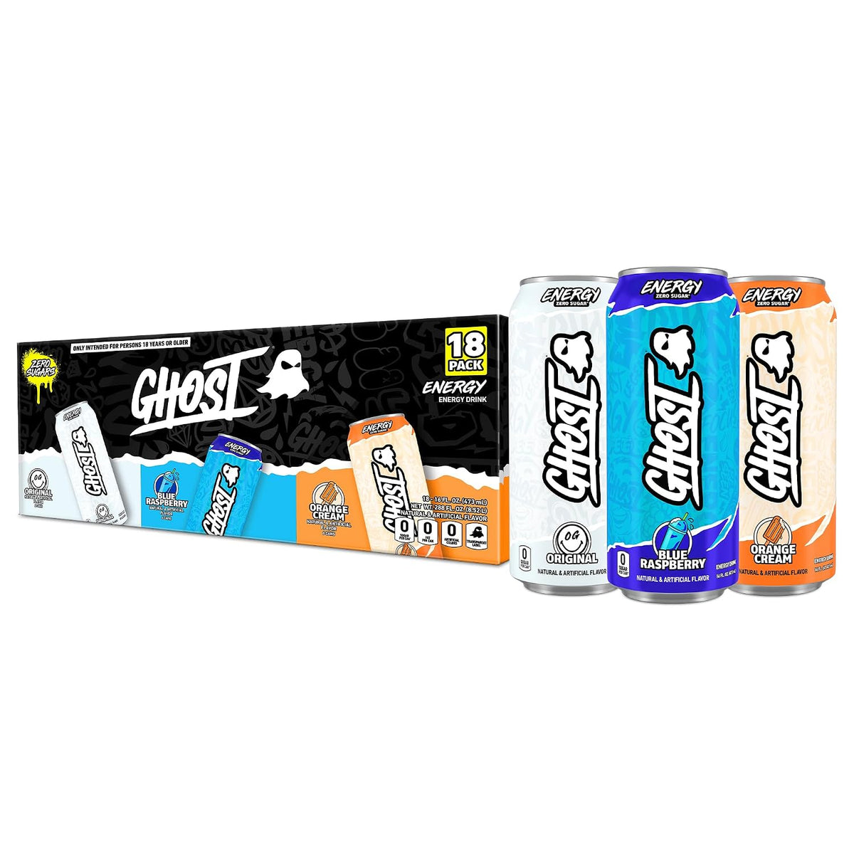 GHOST Energy Drink, Zero Sugars, Variety 18-Pack - 200MG Caffeine, 16oz