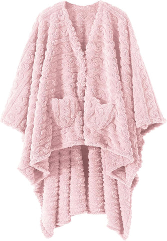 Wearable Blanket Poncho Cape Wrap for Adult, Cozy Sherpa Fleece Pocketed Shawl TV Throw Blankets for Office and Lounge,Pink