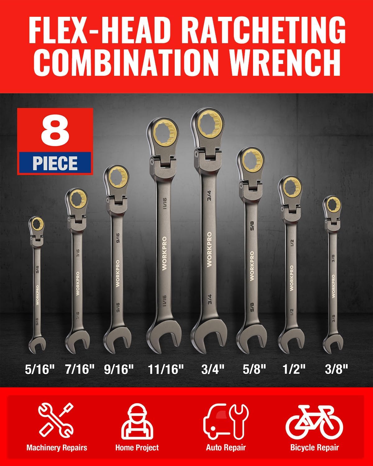 WORKPRO 8-piece Ratcheting Combination Wrench Set, SAE & Nickel Plating