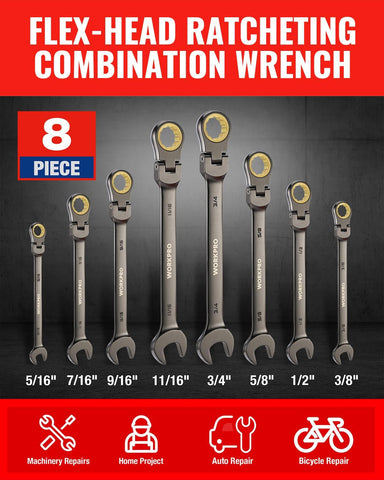 WORKPRO 8-piece Ratcheting Combination Wrench Set, SAE & Nickel Plating