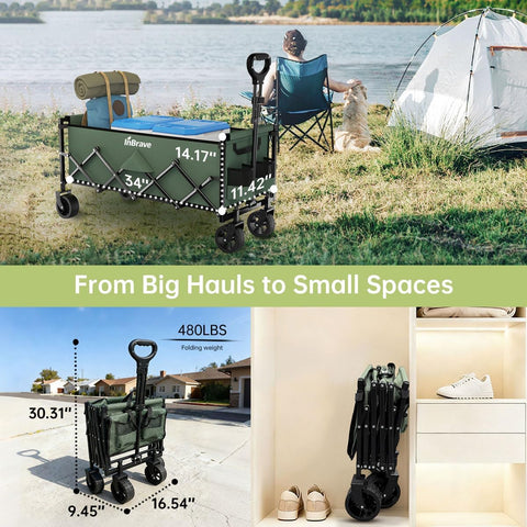 34" Extra Long Collapsible Wagon Cart, 480LBS Capacity, Army Green