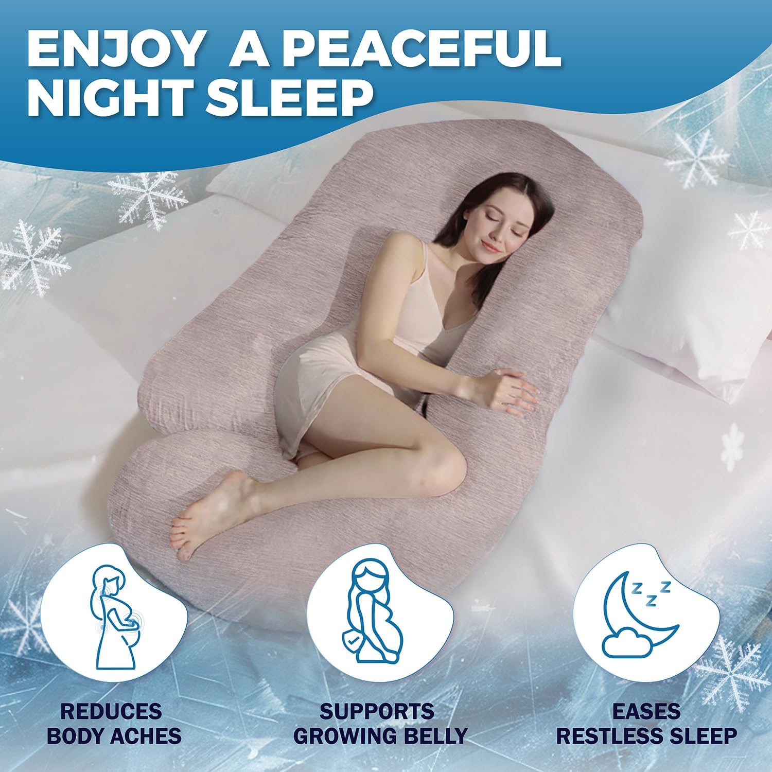Pregnancy Pillows for Sleeping – 57-Inch Maternity Pillow for Pregnant Women with Removable Washable Cover – Support for Back, Belly, Neck, Legs, & Hips – V C U Shaped Full Body Pillow - Cooling Beige