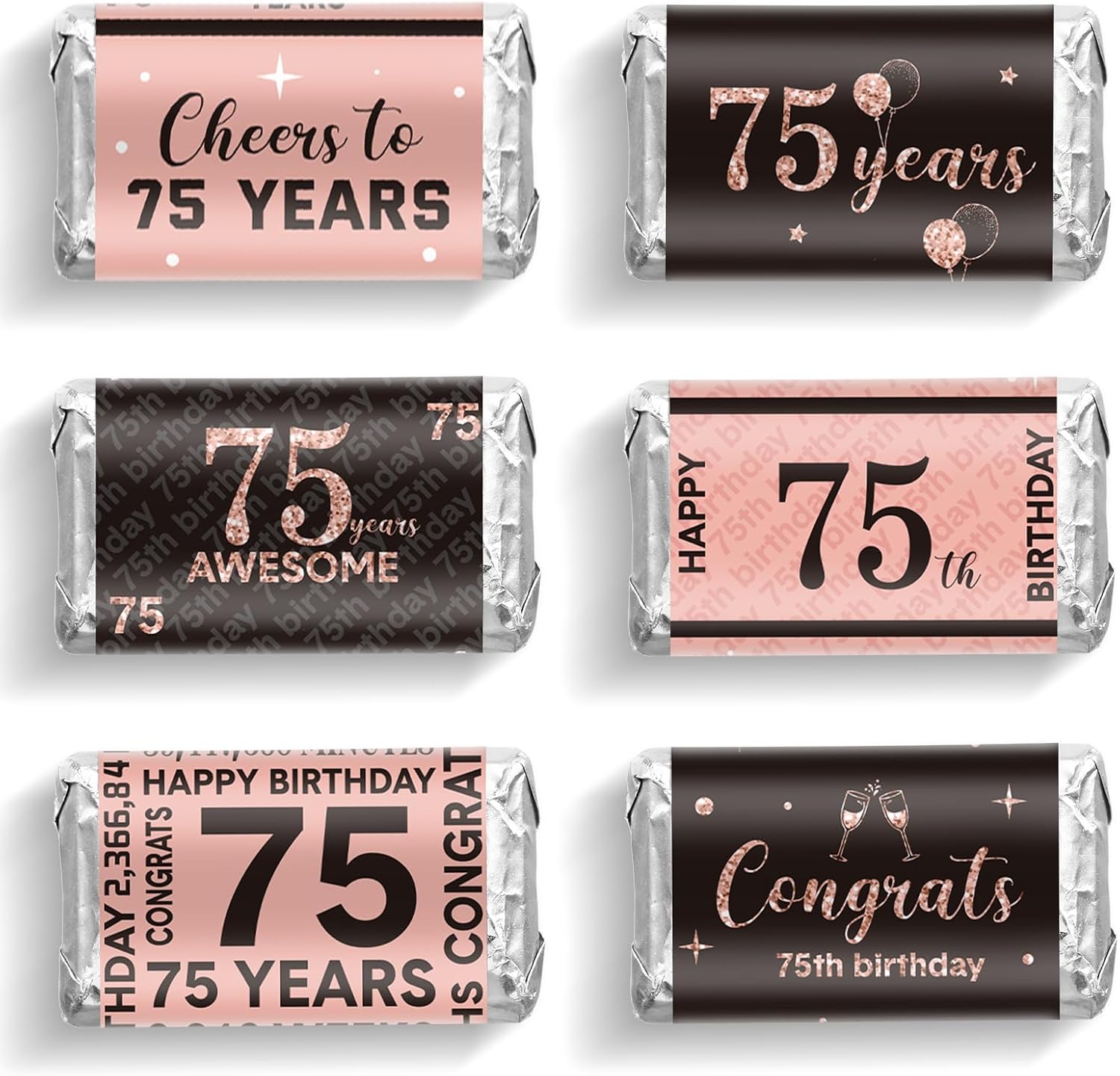 Tenare 90 Pcs 75th Birthday Candy Wrappers, Pink Stickers