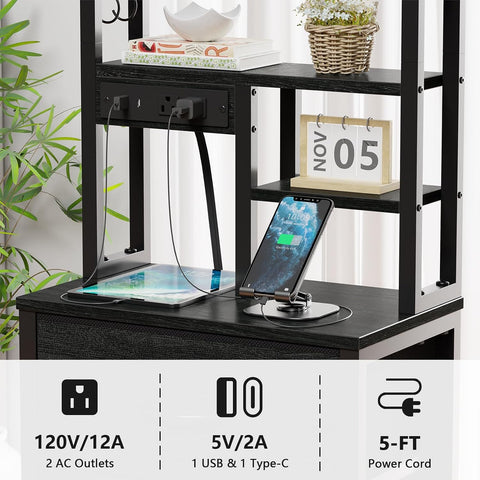 Furnulem Tall Nightstand, LED Night Stand with Charging Station