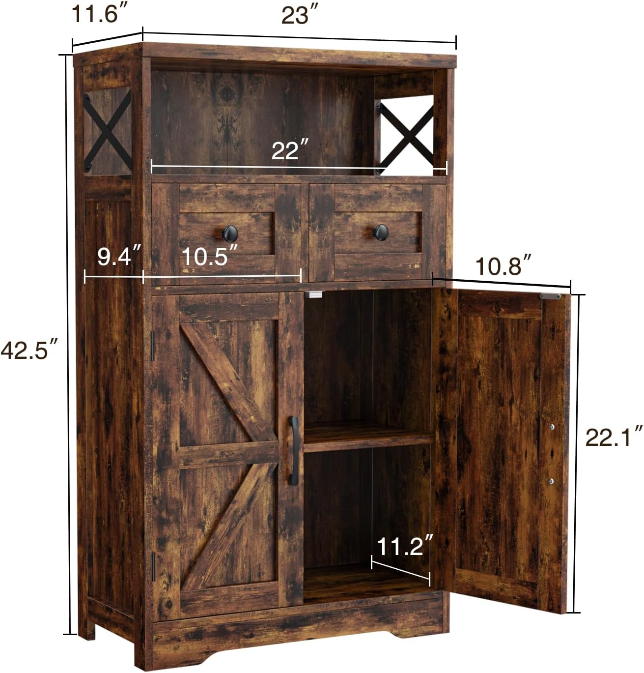 Farmhouse Storage Cabinet with Drawers, Small Kitchen Pantry Cabinet, Brown