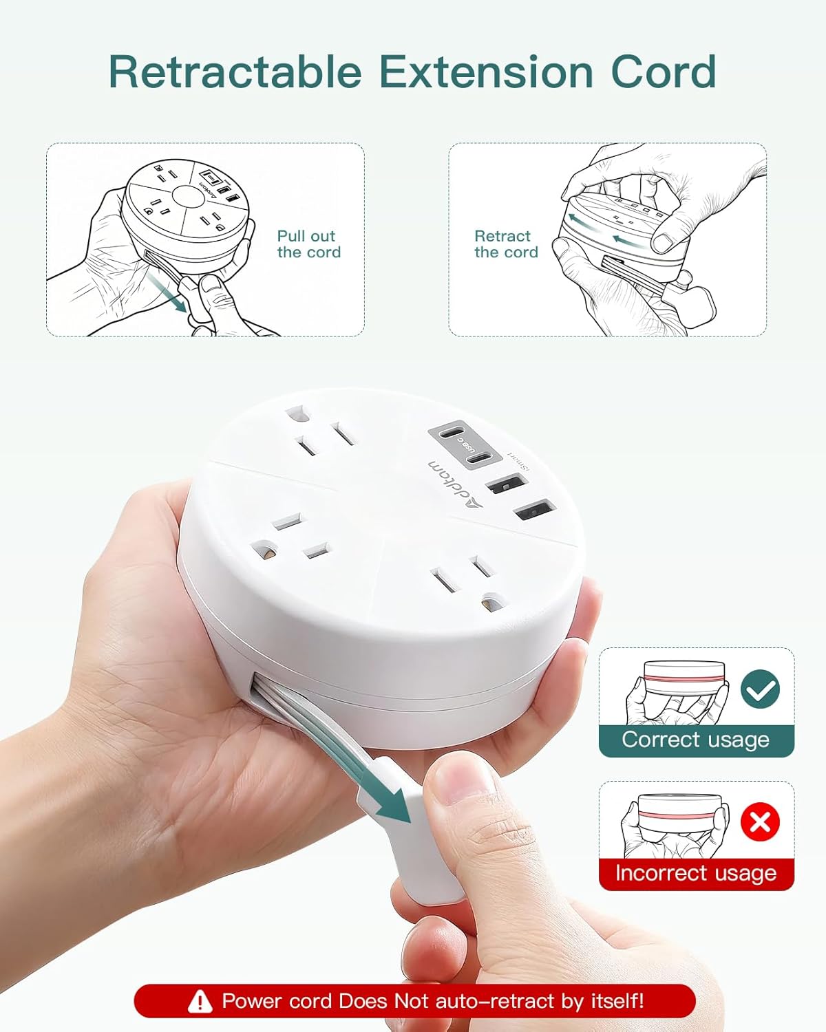 Travel Power Strip - Cruise Ship Essentials with 3ft Retractable Cord