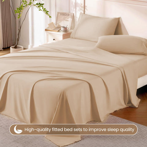 ROSE&RISY Khaki King Sheet Set, 4 Pieces Soft Bedding King Sheet Set, Breathable and Cooling,Includes 1 Fitted Sheet, 1 Flat Sheet, 2 Pillowcases - Deep Pocket (Khaki, King)