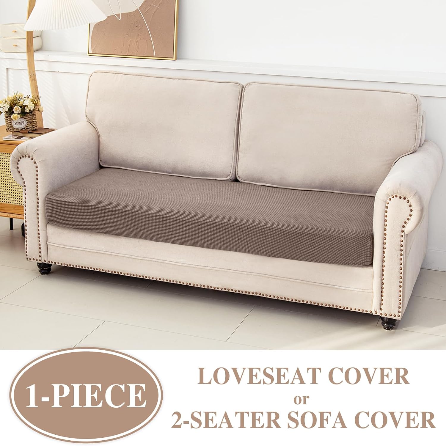 LA MEACK Couch Cushion Cover Loveseat Cover or 2 Seat Sofa Cover Washable Stretch Sectional Sofa Slipcover(1 Piece for Loveseat or Sofa 2-Seater, Khaki)