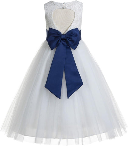 Floral Lace Heart Cutout Ivory Flower Girl Dress Junior Bridesmaid Pageant Gown