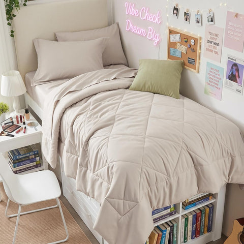 HEVUMYI 5-Piece Twin XL Comforter Set, Beige Bed in a Bag