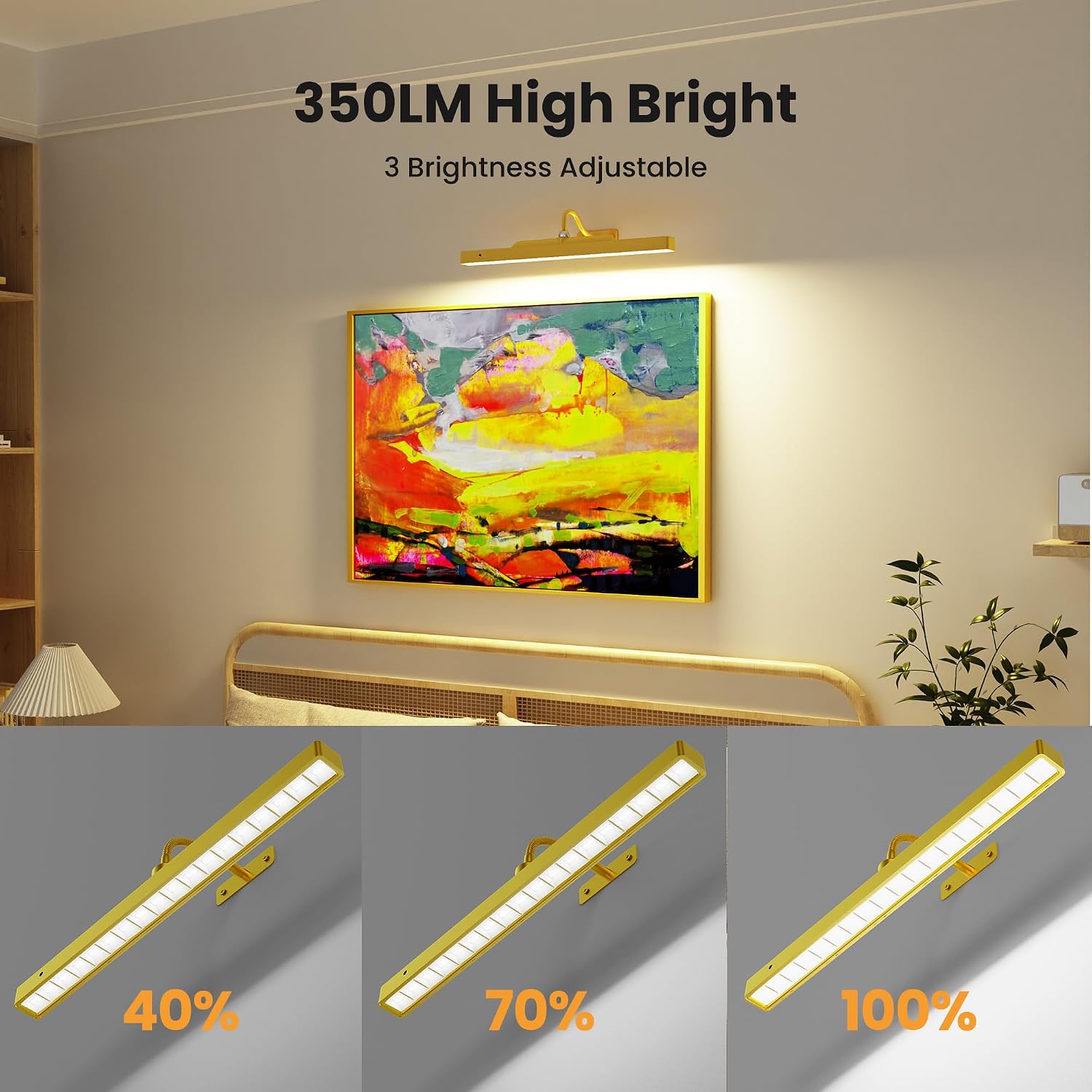 Picture Light Gold 2Pack, 5000mAh Battery Opertated Cordless Picture Lights for Wall, 16in CCT Dimmable with Touch Control for Wall Painting,Frame, Portrait, Dartboard