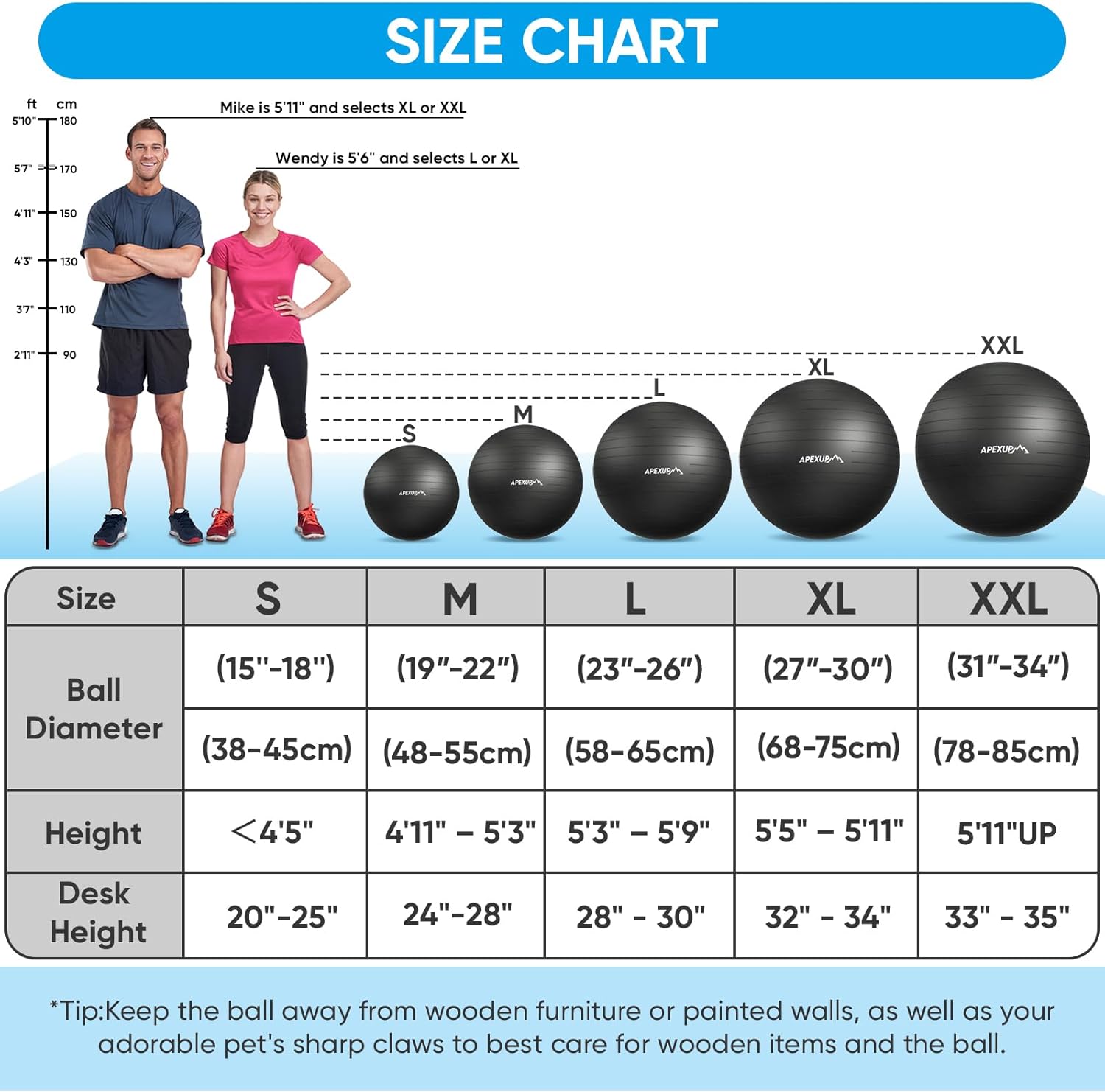 APEXUP Yoga Ball, 660 lbs Anti-Burst Exercise Ball with Pump, 5 Sizes