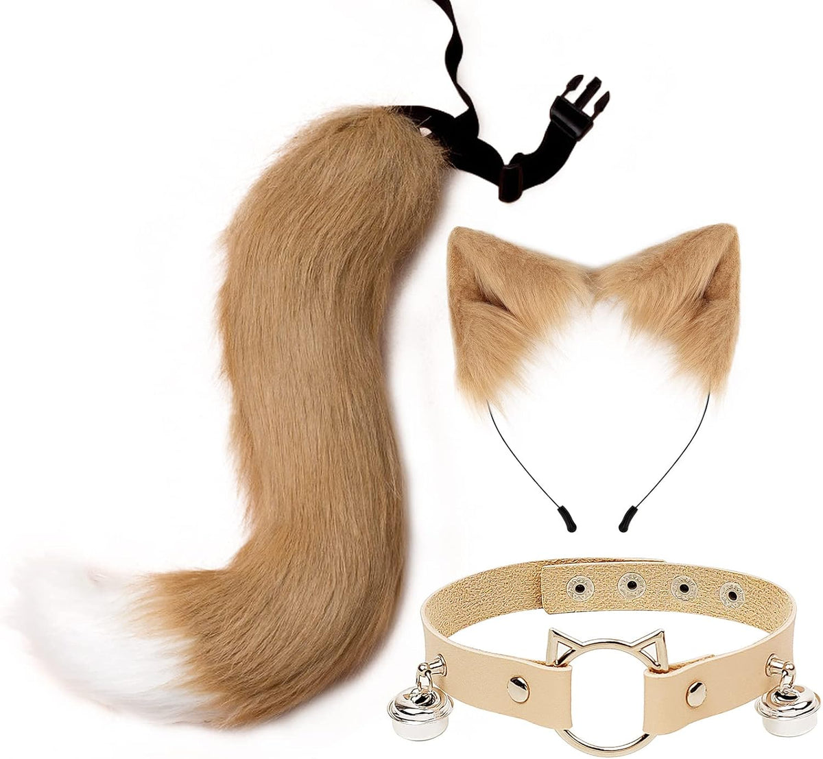 QinRuan Cat Ears and Wolf Fox Animal Tail Cosplay Costume Faux Fur Hair Clip Headdress Halloween Leather Neck Chocker Set