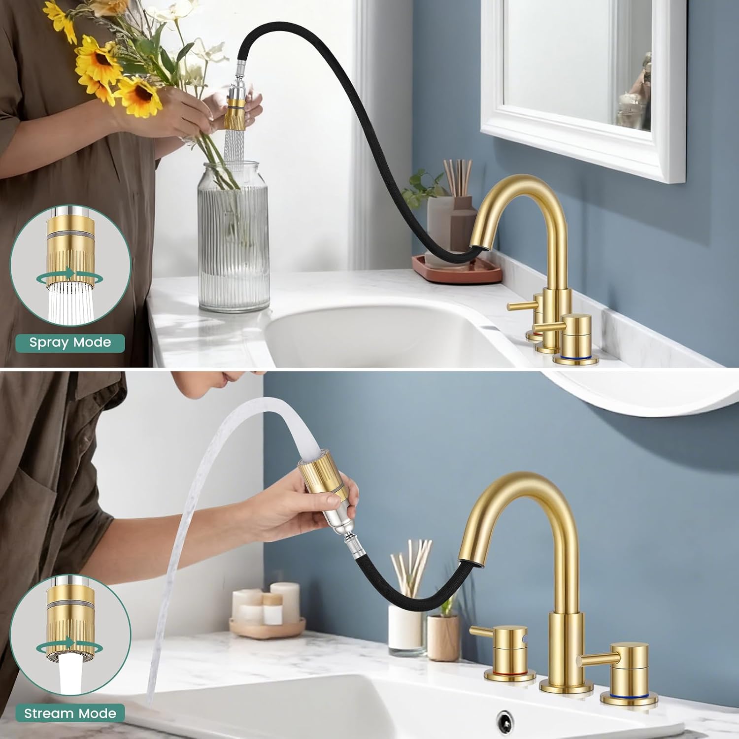 Brushed Gold Bathroom Sink Faucet 3 Hole with Pull Down Sprayer