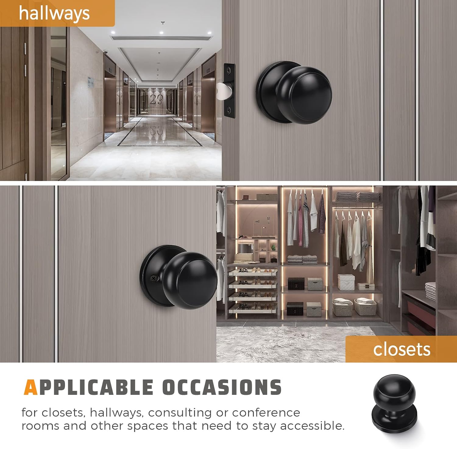 KNOBWELL 3 Pack Matte Black Passage Door Knobs, Modern Closet Door Knobs Set Interior with Concealed Screws