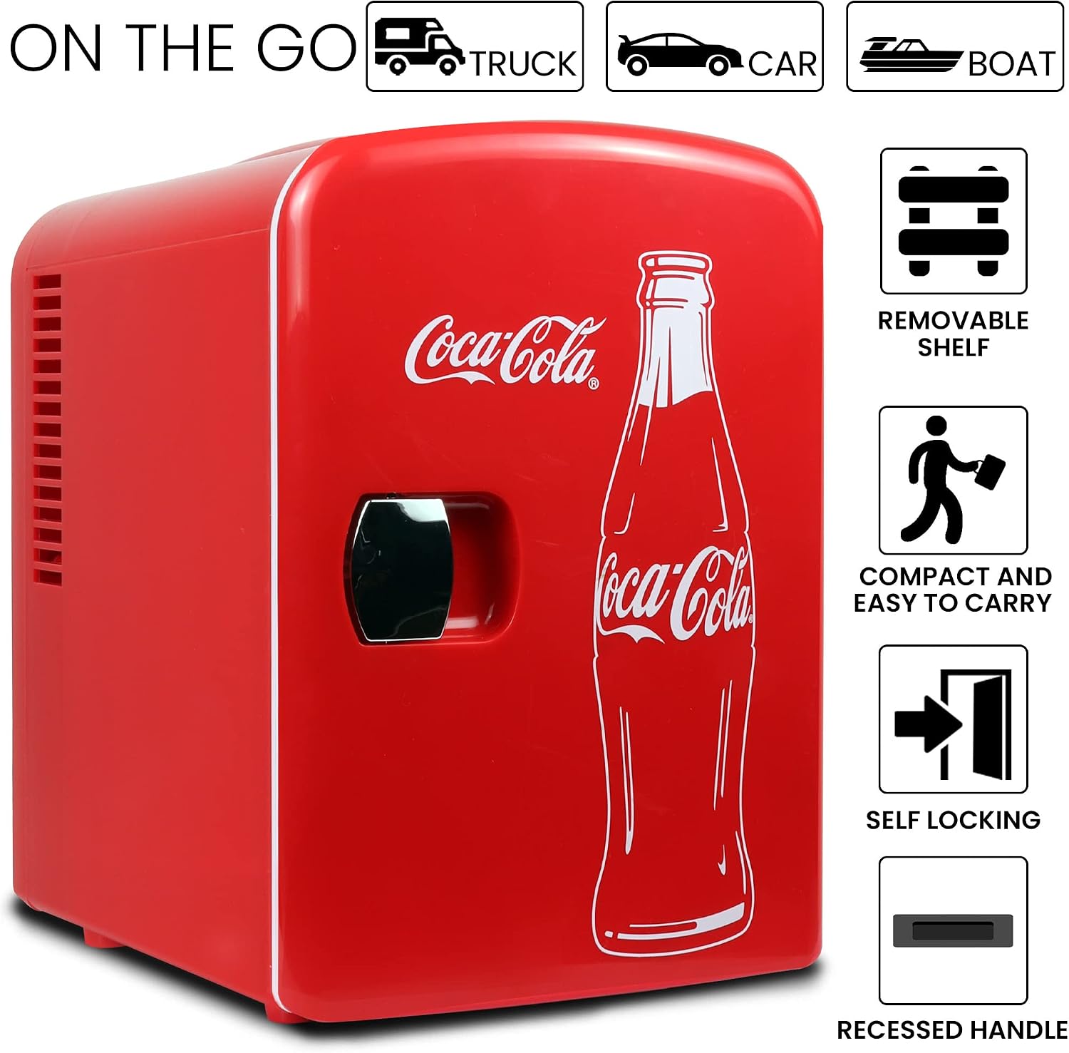 Coca-Cola 4L Mini Fridge, 6 Can, Classic Bottle Design, Red