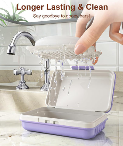 Quatish Leakproof Bar Soap Holder Dish with Lid for Shower, Portable Travel Soap Case Box for Gym, Camping, Hiking, Outdoor Use, Travel Size Toiletries Essentials, Keeps Soap Dry, Purple