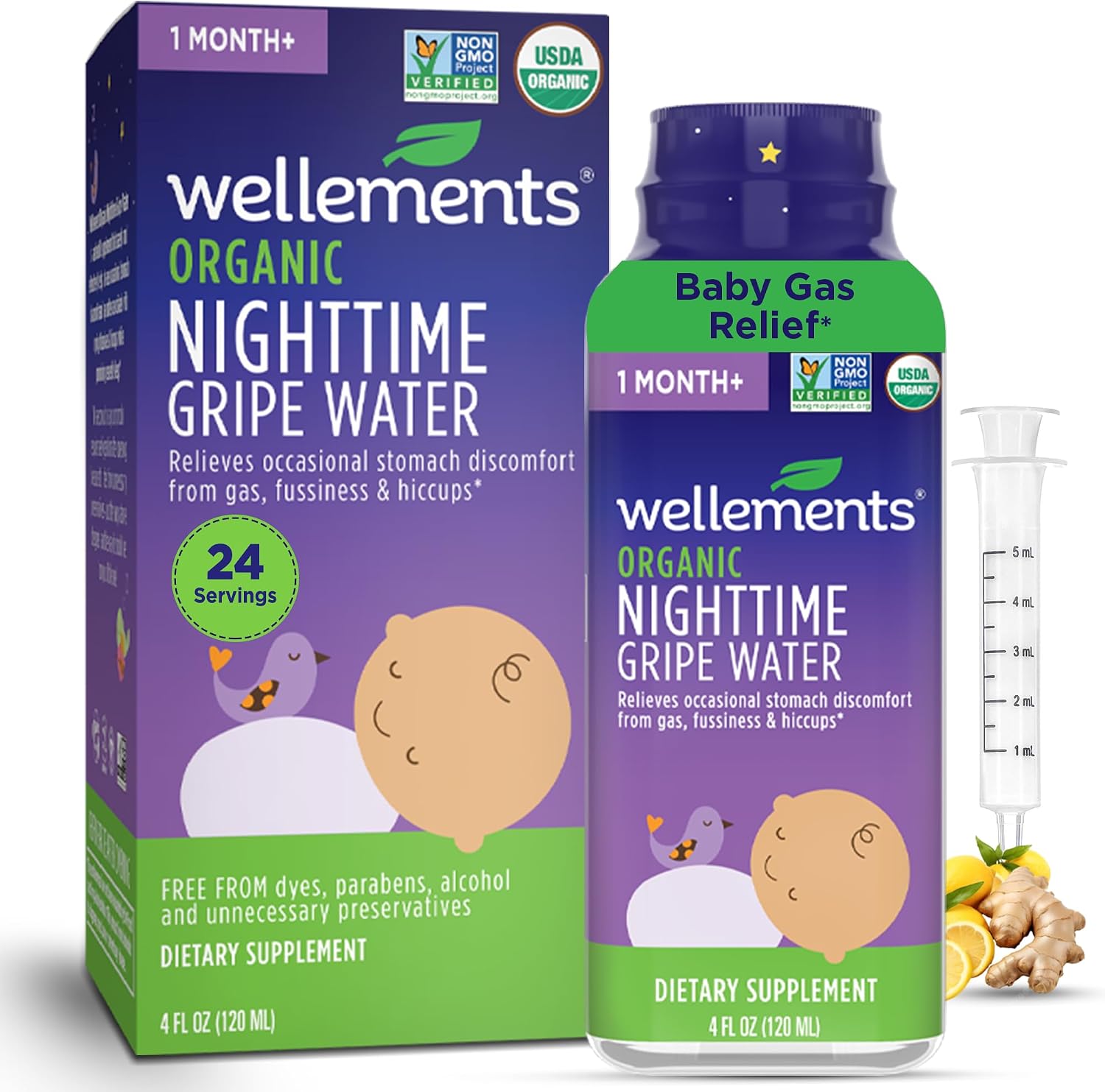 Wellements Organic Nighttime Gripe Water Colic Gas & Fussiness 1 Month+