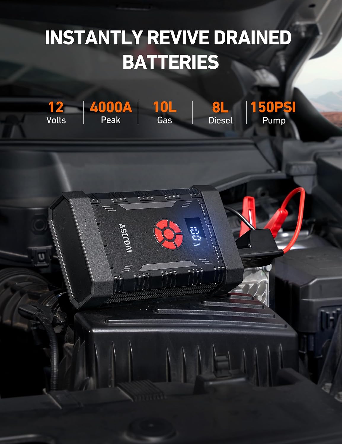 AstroAI A30 4000A Portable Jump Starter with Air Compressor, 12V Jump Box