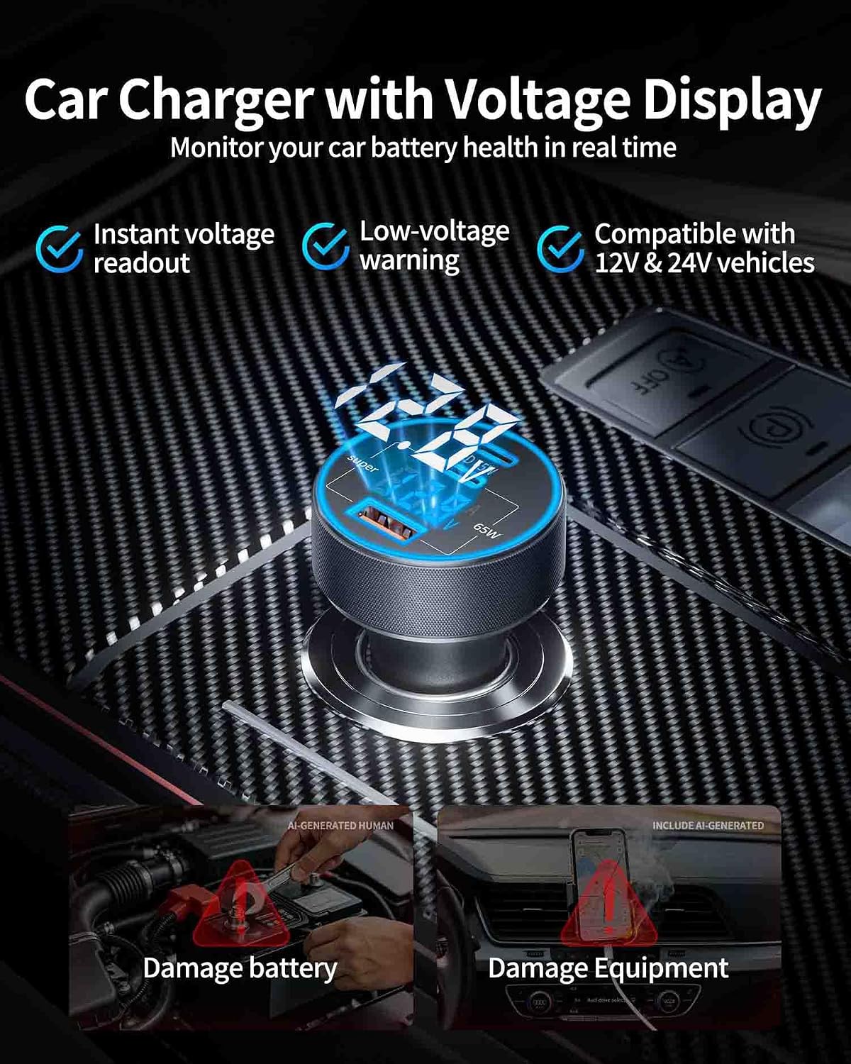 130W 3-Port USB C Super Fast Car Charger (with Voltage Display) for Samsung
