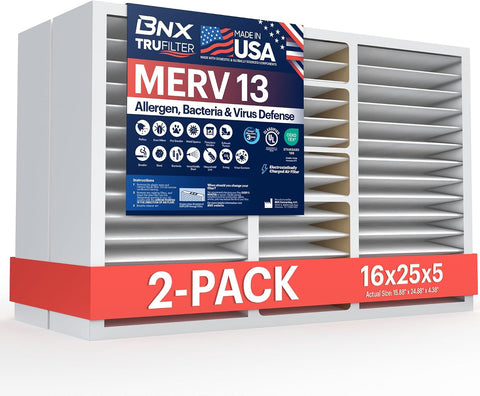 BNX TruFilter 16x25x5 (15.88’’ x 24.88’’ x 4.38‘’ Compatible with Honeywell 4”) MERV 13 Air Filter (2-Pack) - MADE IN USA - HVAC AC Furnace Filters, Allergies, Mold, Bacteria, Smoke, MPR 1900 FPR 10