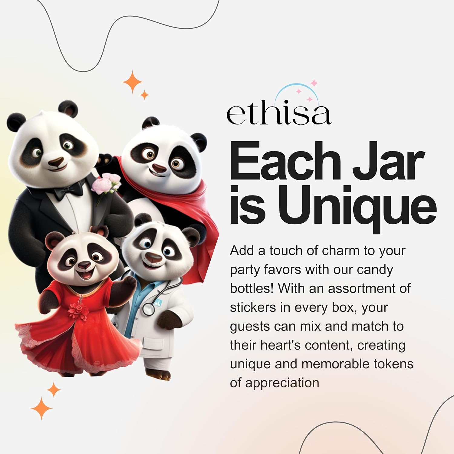 Ethisa Small 12 Pack Panda Party Favors - DIY Candy Jars with Ribbons and Stickers - Party Decoration Bottles for Birthday and Baby Shower - Panda Table Centerpieces