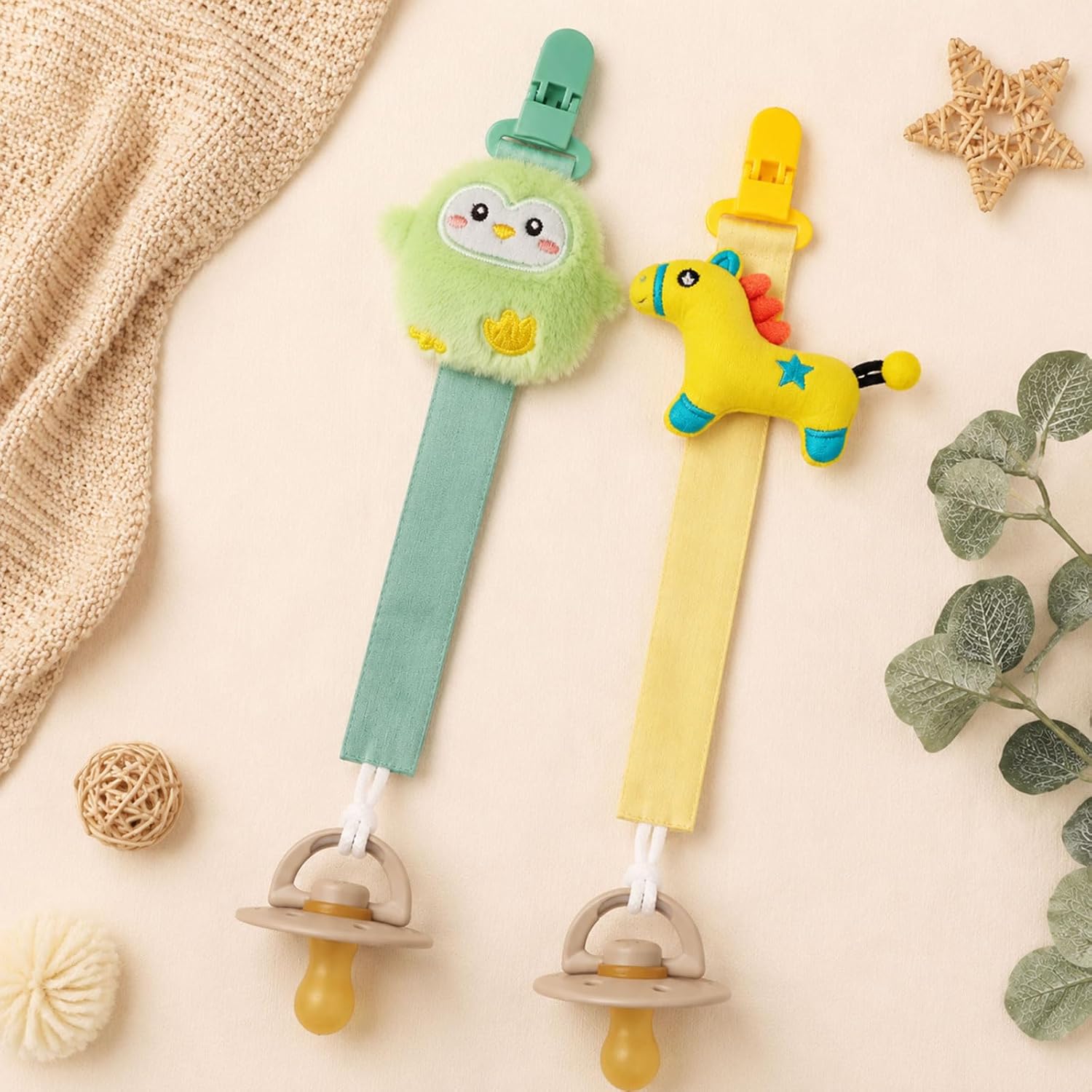 5 Pack Pacifier Clips for Baby Girls and Boys, Multicolor Fabric Straps,5pcs Straps, Approx. 11 in / 29 cm, Resin Clips with Inner Grip Design, Fits Most Pacifiers with Handles(15)