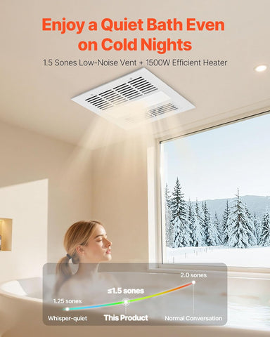 VEVOR Bathroom Exhaust Fan with Light and Heater, 80-90-110 CFM 1500W Bathroom Vent, 1.5 Sones Low-Noise, Premium DC Motor Ceiling Fan for Laundry Room, Storage Room, Home Ventilation, White