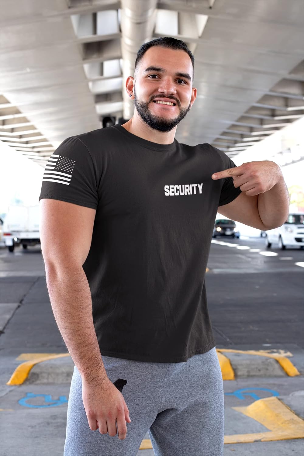 Promotion & Beyond Security | Event Safety Guard Staff One/Two-Sided American USA Flag On Arm Big Sizes Polo Unisex T-Shirt