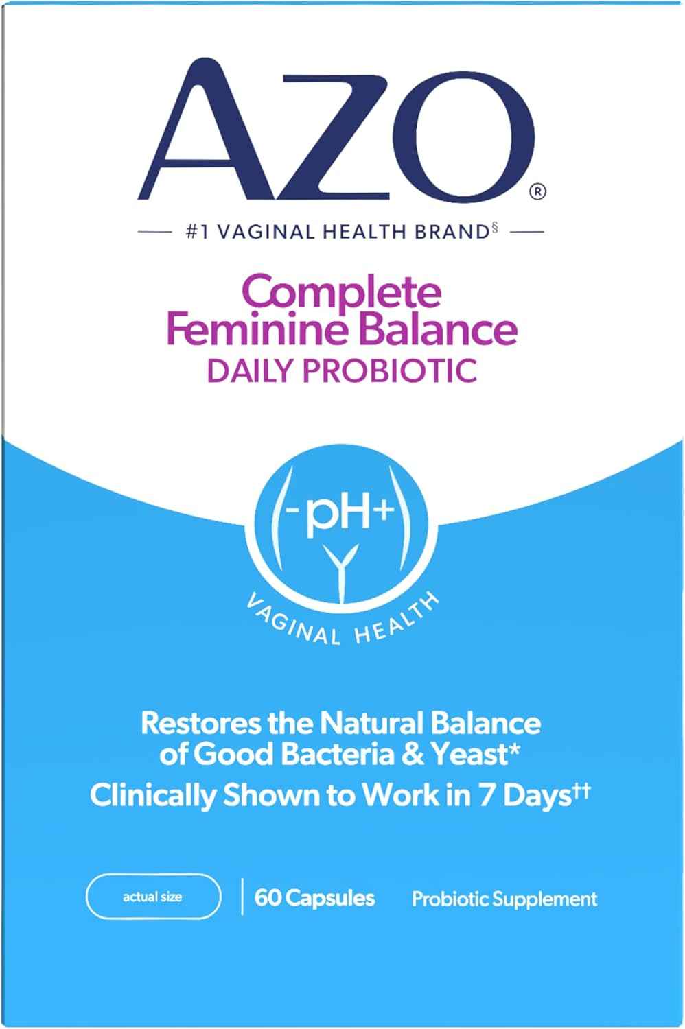 AZO Complete Feminine Balance Daily Vaginal Probiotics for Women, 60 Count | Intelliflora Multi-Strain Blend, Supports Vaginal pH and Yeast Balance*, One Capsule Daily, Sugar Free, Safe During Pregnancy