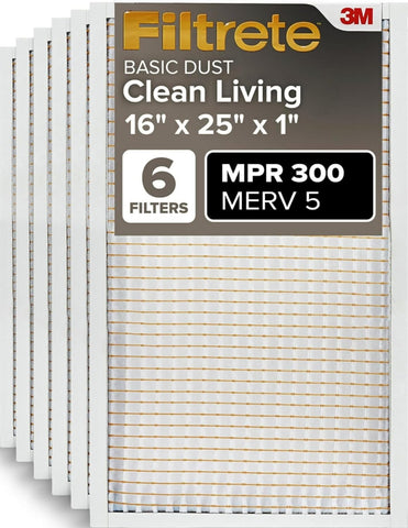 Filtrete 16x25x1 Air Filter MERV 5, 6-Pack AC Furnace HVAC, MPR 300 Basic Dust Defense, Pleated Electrostatic, Removes Lint