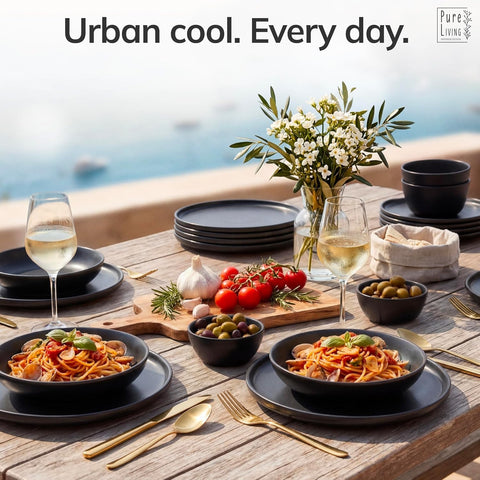 16 Piece Black Dinnerware Set for 4, Stoneware Black Plates and Bowls Set
