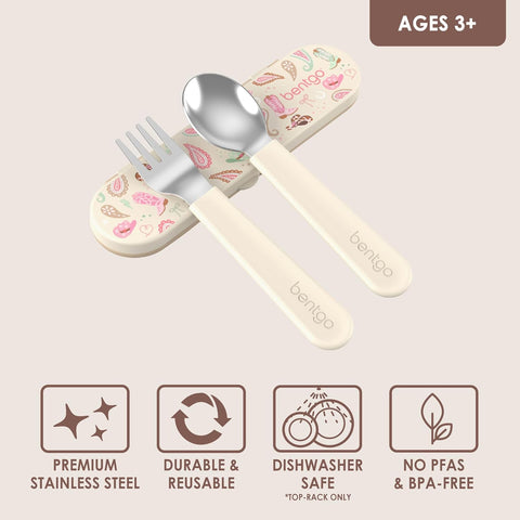 Bentgo Kids Stainless Steel Utensil Set - Reusable Fork, Spoon & Storage Case, PFAS- & BPA-Free, Easy-Grip Handles, Lightweight, Dishwasher Safe, School Lunch, Travel & Outdoors (NEW Cowgirl Dreams)